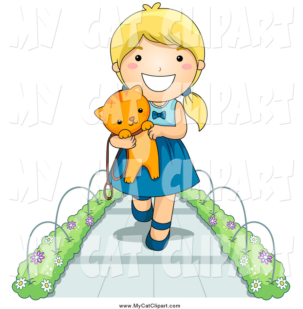 Happy Blond Girl Carrying A Kitten On A Sidewalk By Bnp Design Studio