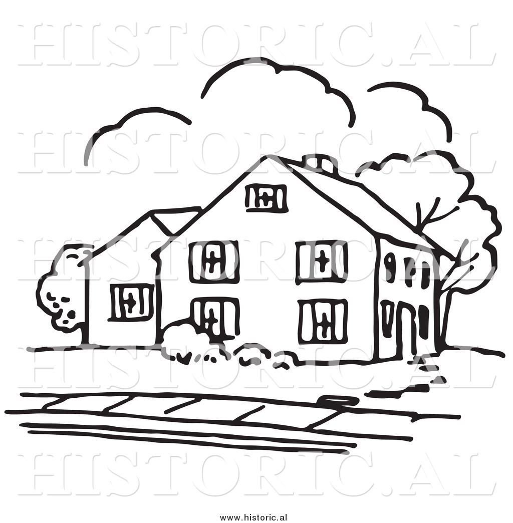 Historical Vector Clipart Of A House Outline With Trees And A Sidewalk