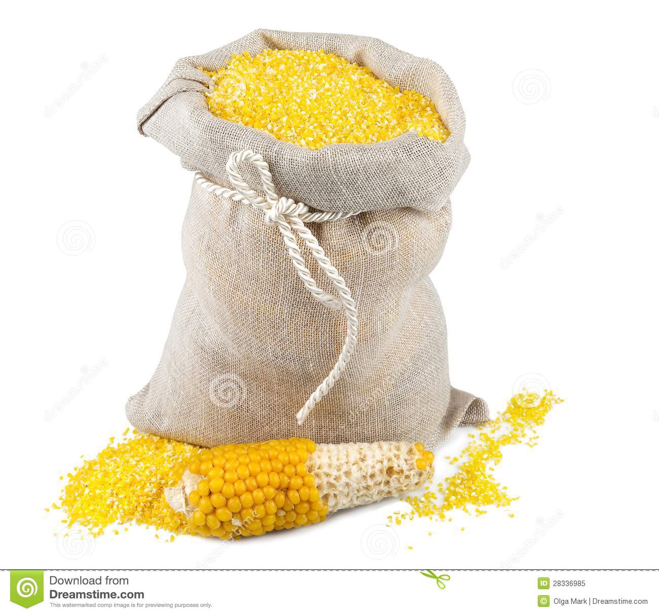 Macro View Of Maize Flour In Flax Sack With Corncob Isolated On White    