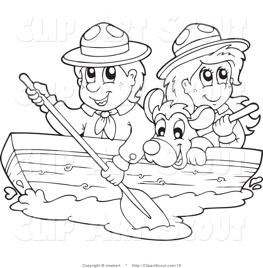 Vector Clipart Of Black And White Scouts And Dog Boating By Visekart    