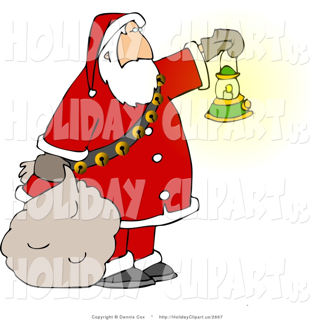 Holiday Clip Art Of Santa Claus Carrying A Lit Gas Lantern While