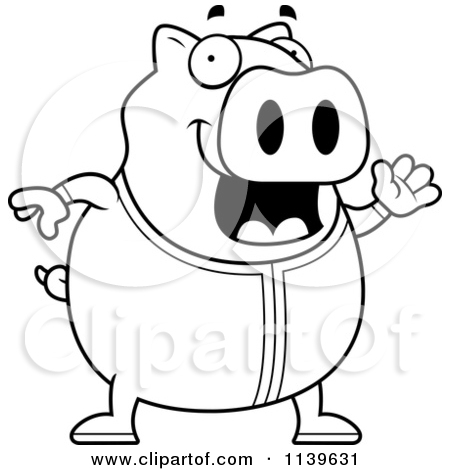 Home   Clipart Of A Black And White Chubby Rooster Waving In Pajamas    
