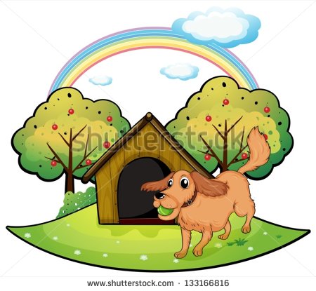 Illustration Of Dog Playing Outside The Doghouse Near The Apple Tree