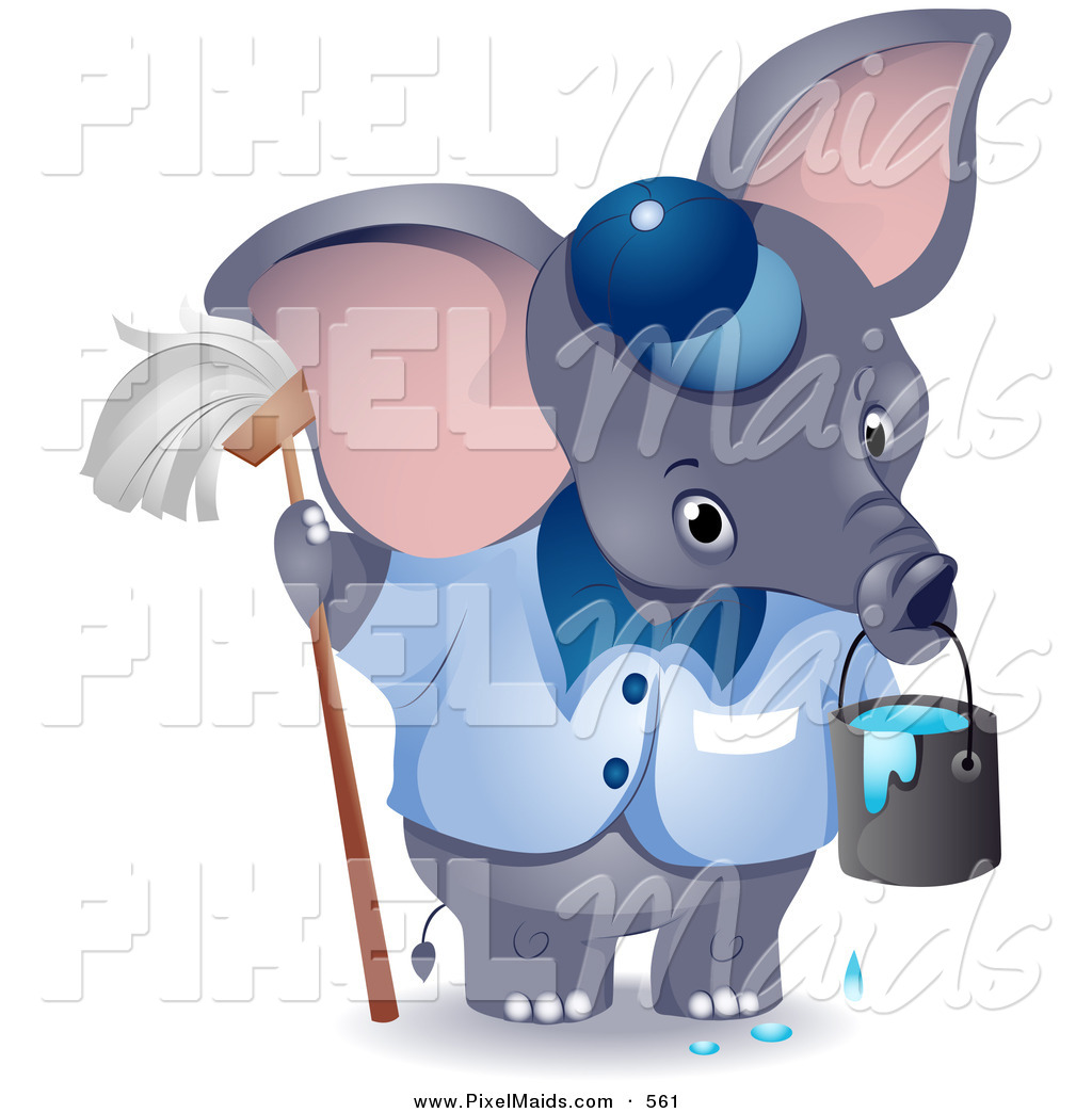 Larger Preview  Clipart Of A Cute Gray Janitor Elephant With A Mop And
