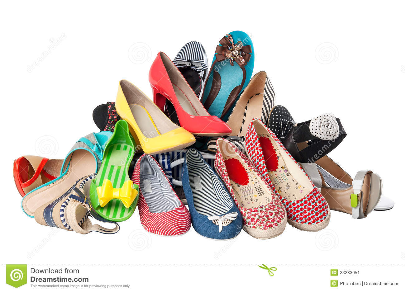 Pile Of Various Female Summer Shoes Isolated Over White With Clipping