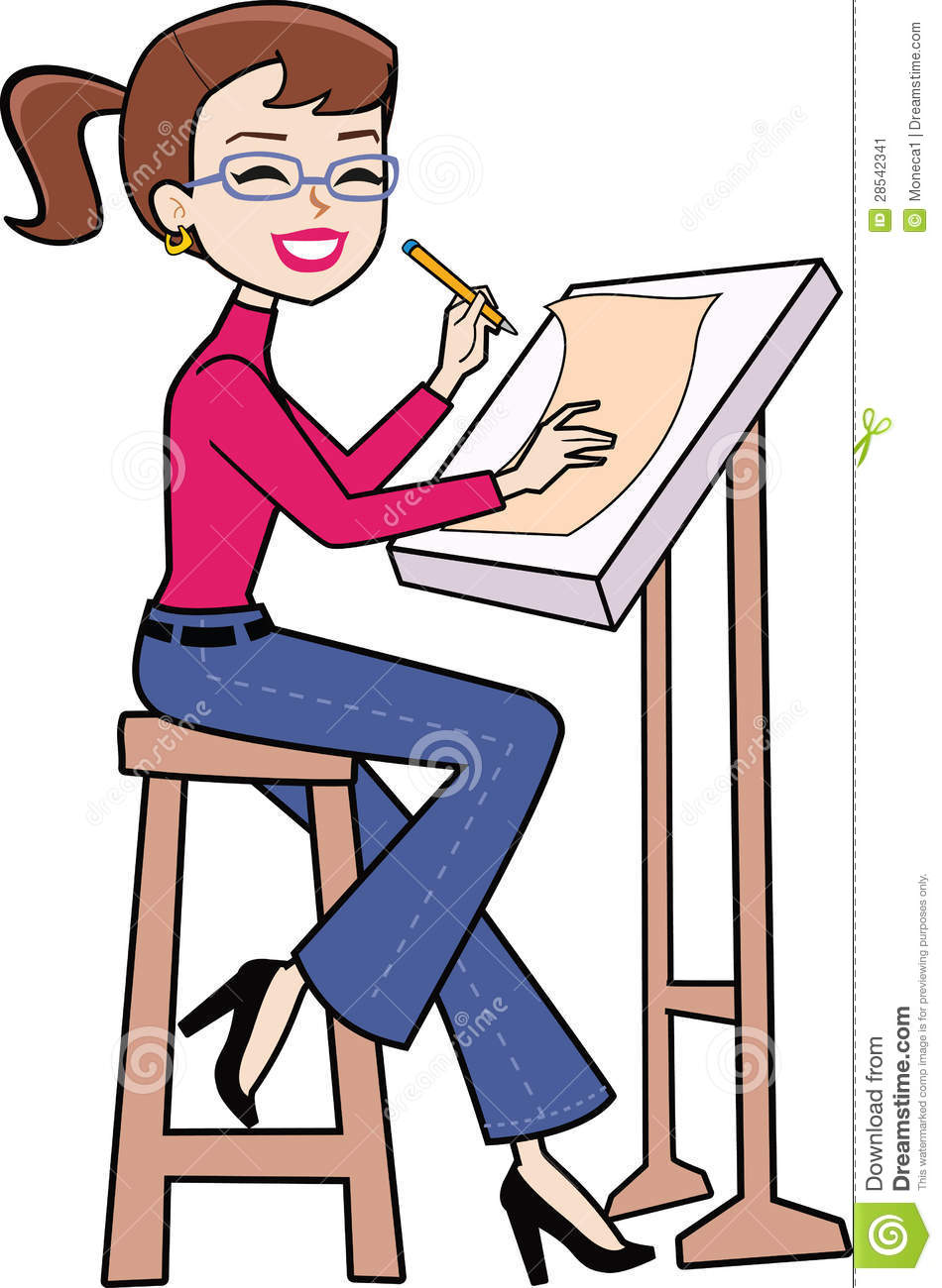 Retro Drawing Cartoon Woman Sitting And Making Plans On The Drawing