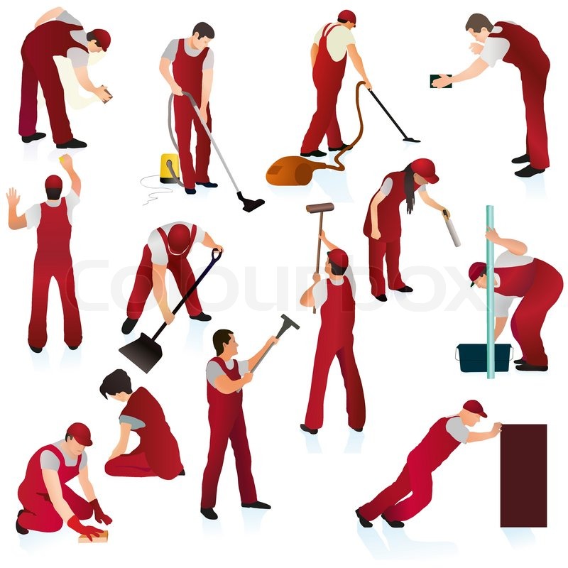     Thirteen Professional Cleaners In The Red Uniform   Vector   Colourbox