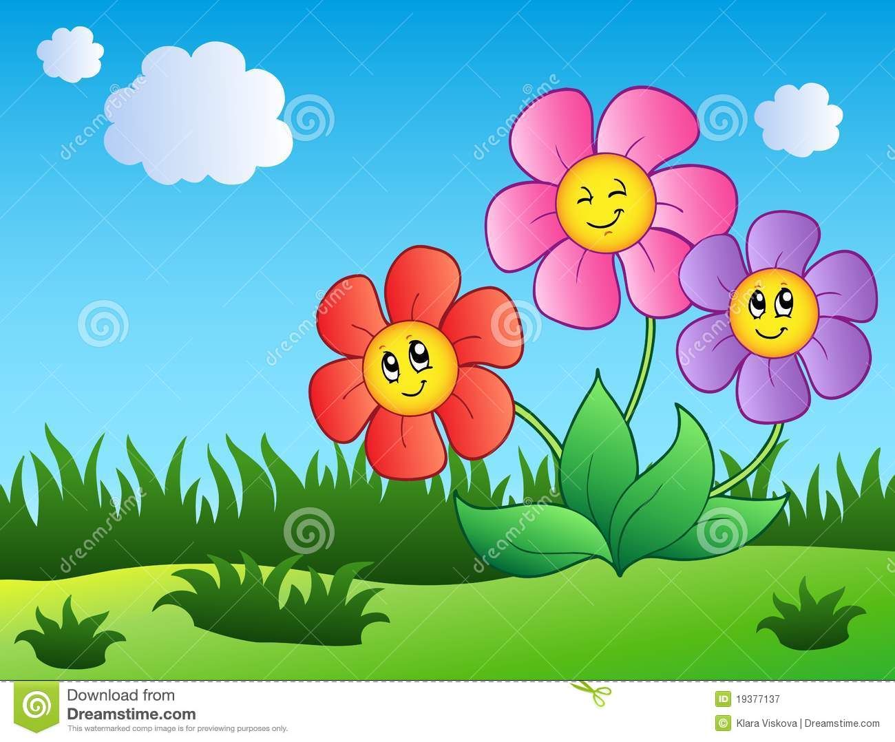 Three Cartoon Flowers On Meadow Royalty Free Stock Photography   Image
