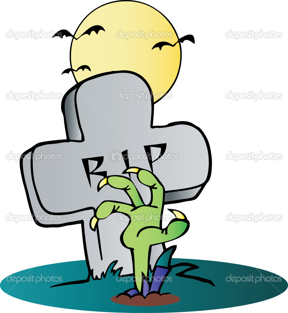 Zombie Hand Reaching Up From The Earth In Front Of A Tombstone   Stock    