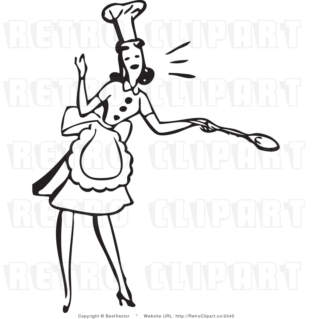 And White Retro Vector Clip Art Of A Female Chef Wearing An Apron