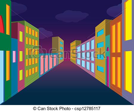 City Street With Neon Lightened Windows Csp12785117   Search Clipart    