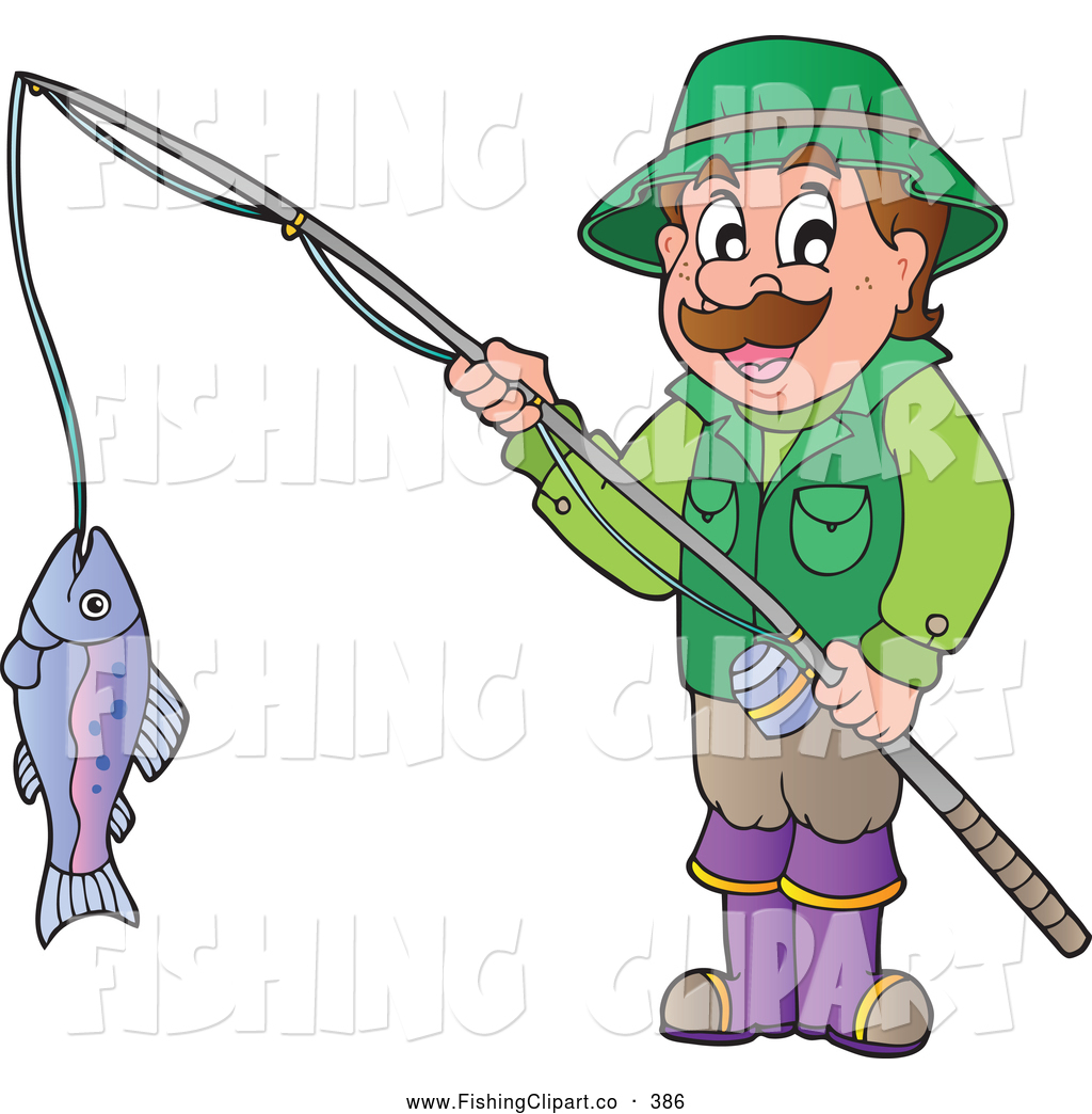 Clip Art Of A Happy Man Holding His Catch On A Fishing Pole By