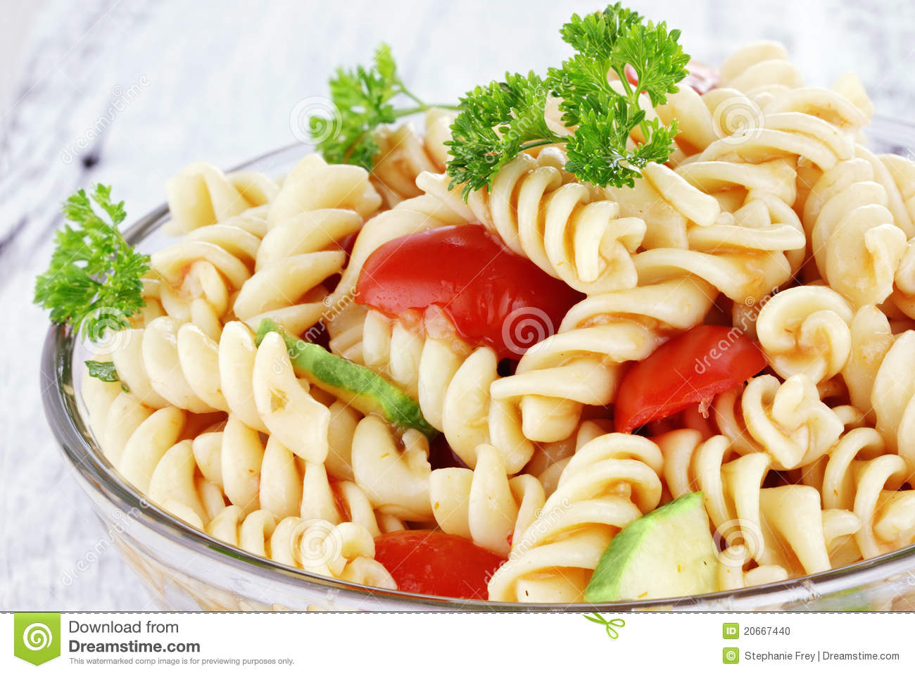 Pasta Salad With Dressing Fresh Tomatoes Cucumbers And Parsley