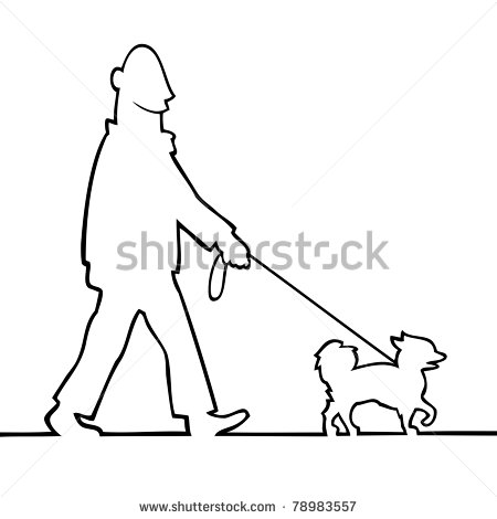 And White Illustration Of A Man Walking With His Dog    Stock Vector