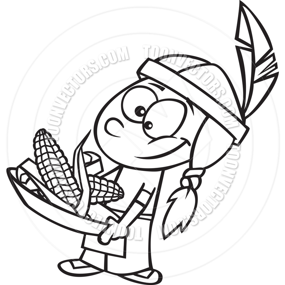 Cartoon Indian Boy With Corn  Black   White Line Art