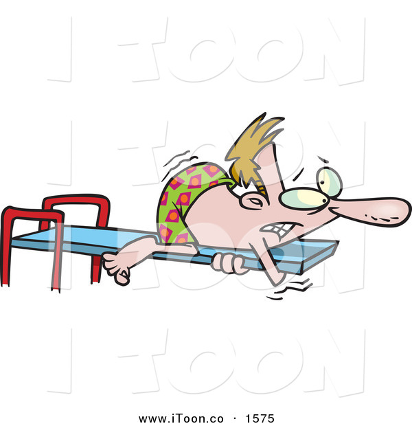 Cartoon Man Hugging A Diving Board Afraid Of Diving Into The Pool By