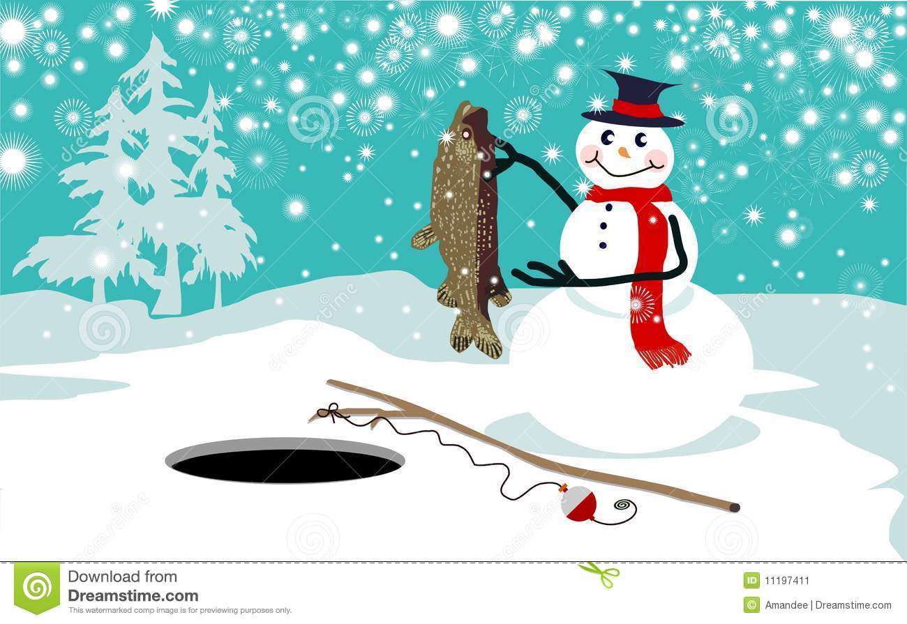 Ice Fishing Cartoon Snowman Ice Fishing Vector