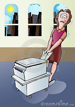 Of A Delicate Businesswoman Pull A Paper Jammed From A Copy Machine