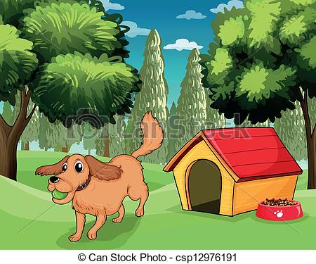 Vectors Of A Dog Playing Outside A Dog House   Illustration Of A Dog