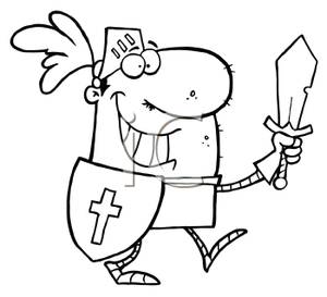 Black And White Cartoon Of A Knight With Sword And Shield   Royalty    