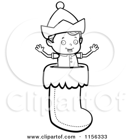 Clipart Of A Black And White Tiny Elf Popping Out Of A Christmas    