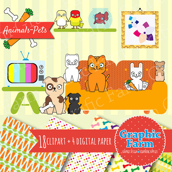Domestic Animal Clipartanimal Digital Paperpet Clip By Graphicfarm