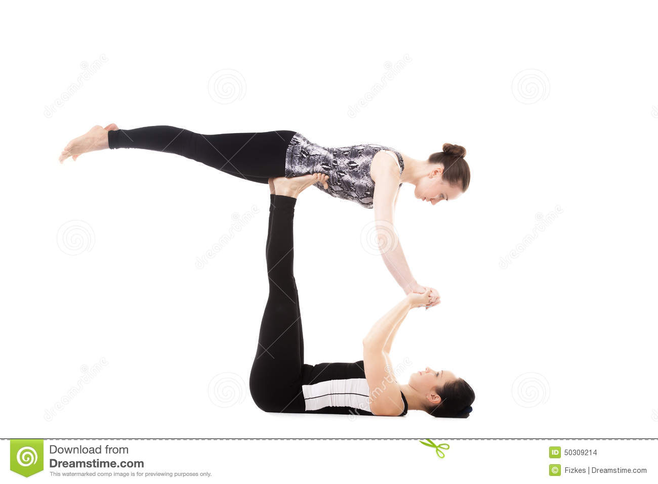 Two Yogi Female Partners Doing Yoga Exercises Stock Photo   Image    