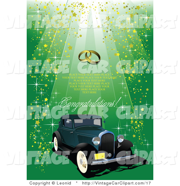 Vector Clipart Of A Vintage Teal Automobile With Gold Glitter On A    