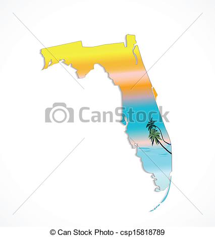 Vector Of Map Of Florida With Sunshine And Palms Background Vector