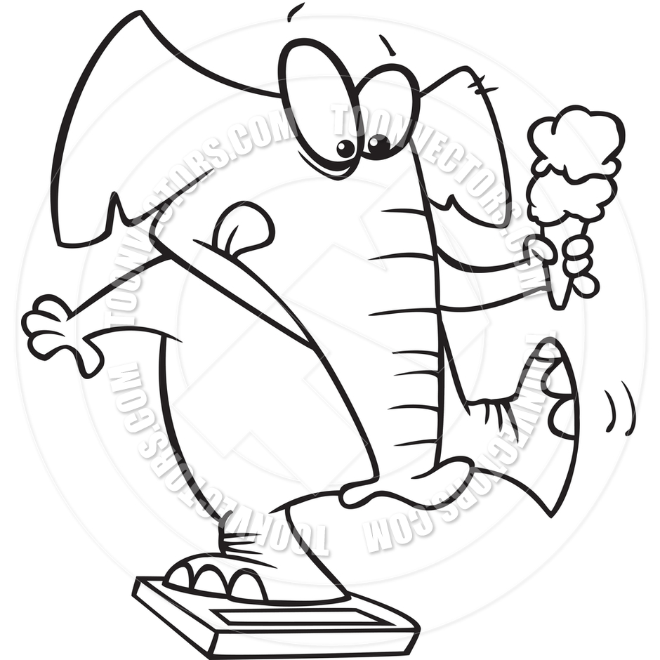 Cartoon Elephant Weigh In  Black And White Line Art  By Ron Leishman    