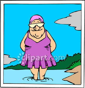 Fat Lady Wearing A Swimsuit Standing In A Lake   Royalty Free