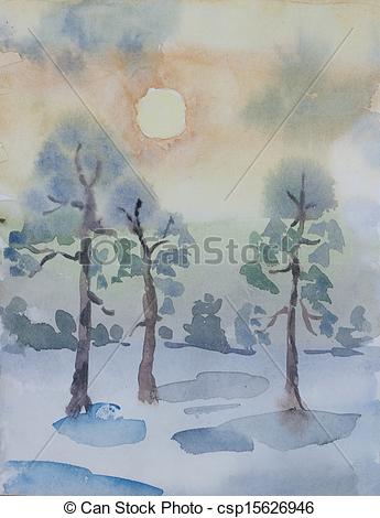 Stock Illustration   Winter Pine Forest In Dawn Primitive Watercolor