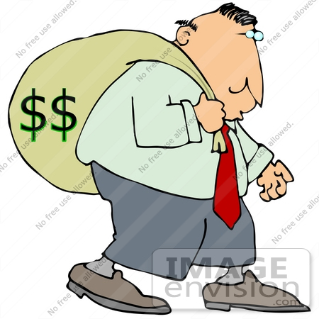 29906 Clip Art Graphic Of A Man Carrying A Heavy Money Bag On His    