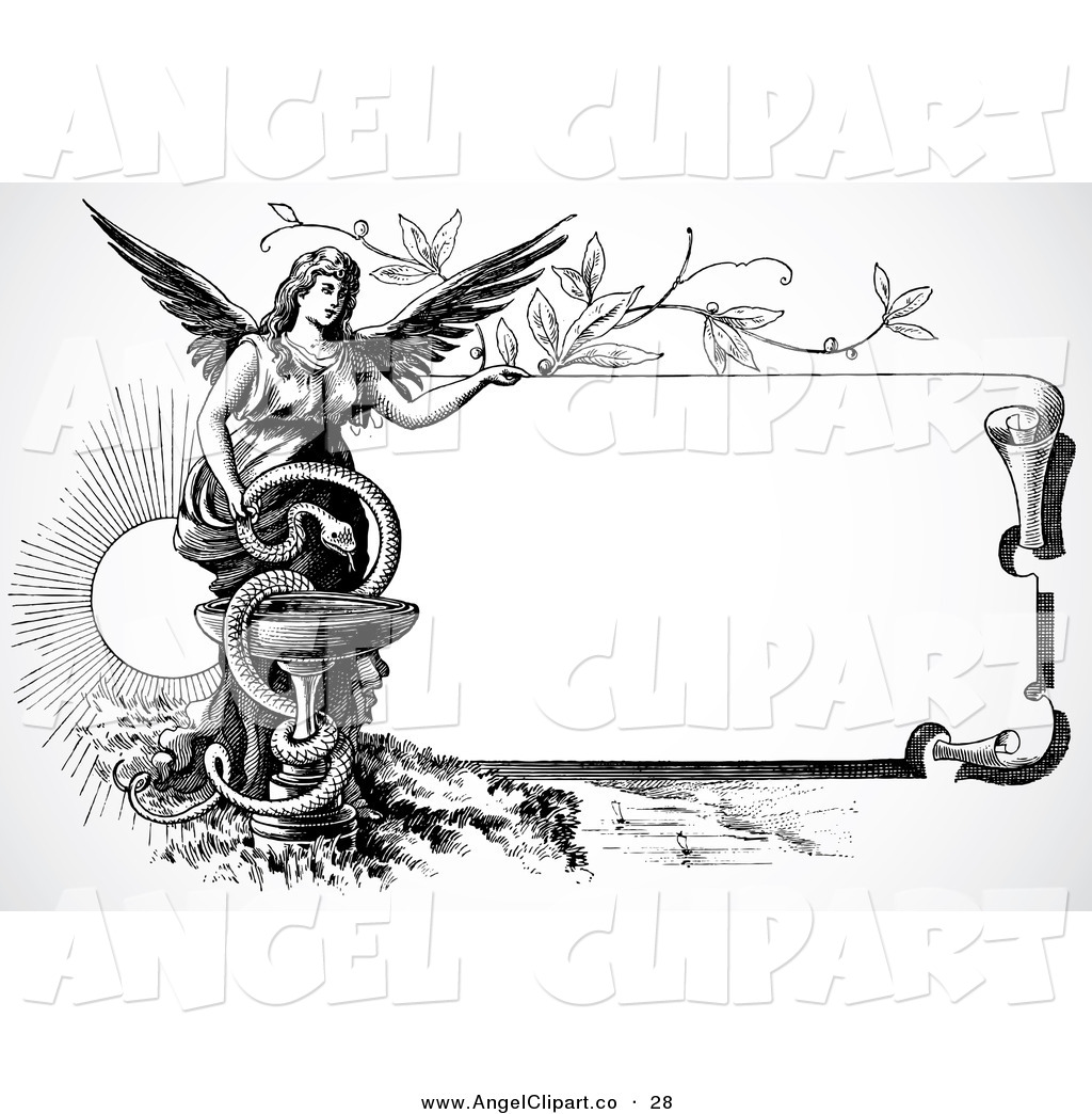 Clip Art Of A Black And White Religious Scroll Sign With An Angel And