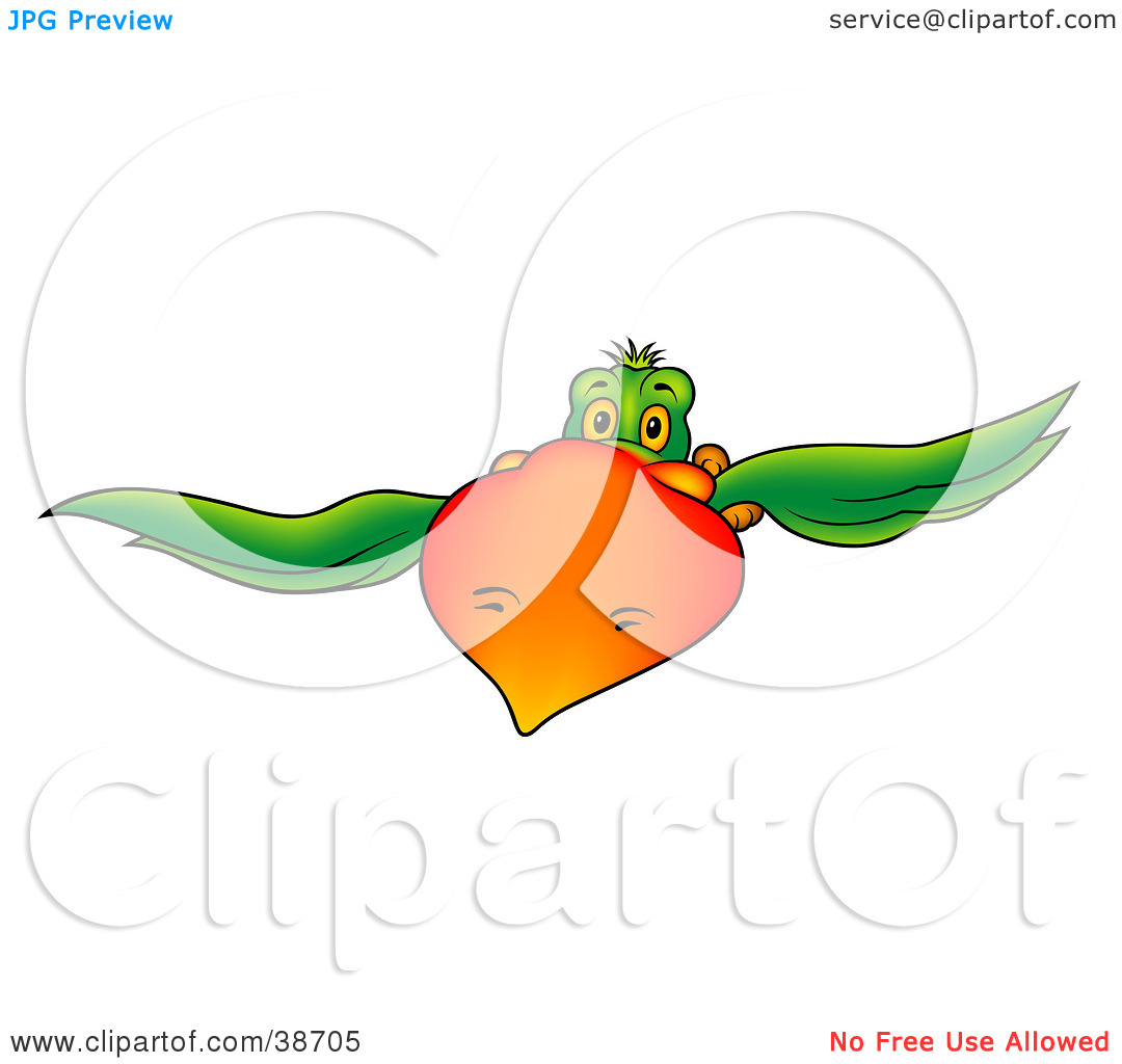 Clipart Illustration Of A Green Parrot With A Big Orange Beak Flying