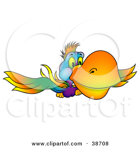 Clipart Illustration Of A Purple Parrot Flying With A Red Crayon By