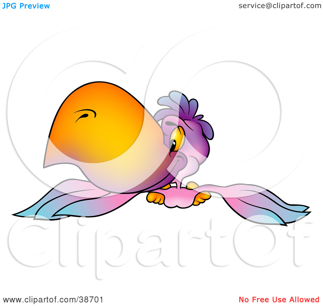 Clipart Illustration Of A Purple Parrot With A Big Orange Beak Flying