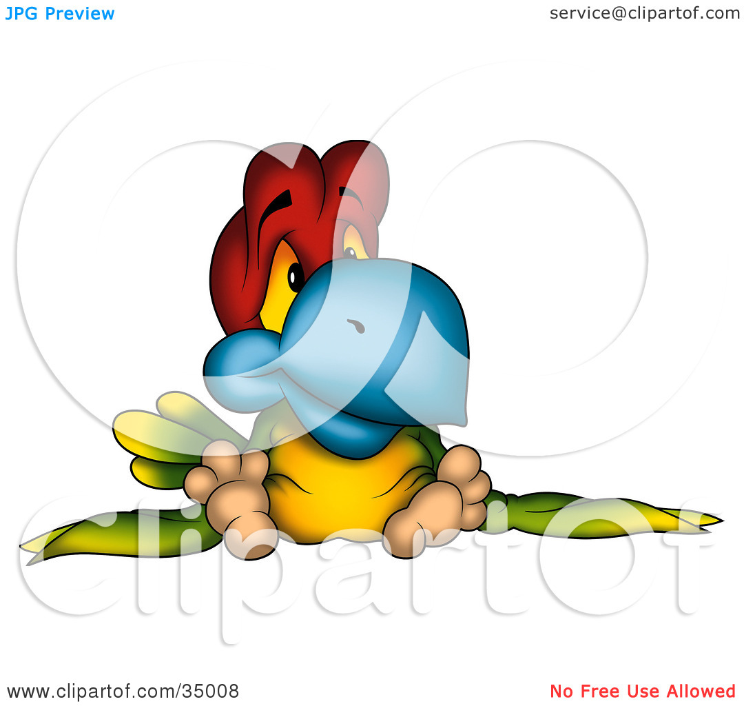 Clipart Illustration Of A Sad Red Green And Yellow Parrot With A Blue