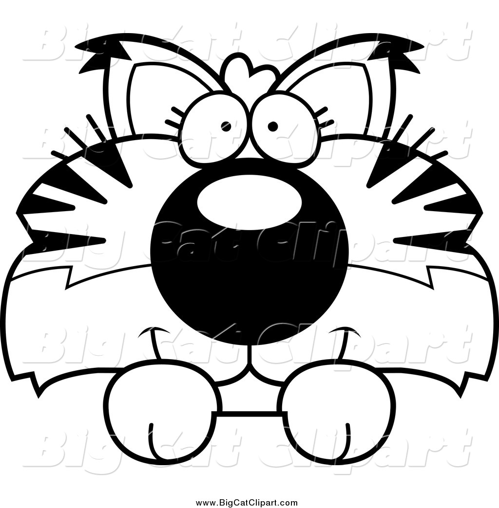     Clipart Of A Black And White Cute Bobcat Cub Hanging Over A Sign By