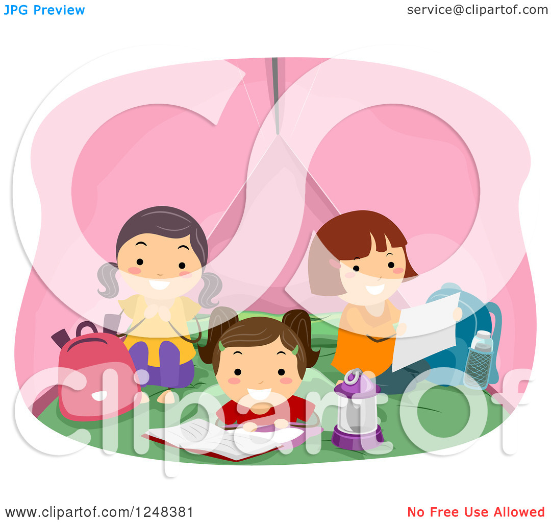 Clipart Of Happy Camping Girls Reading And Talking In A Tent   Royalty    