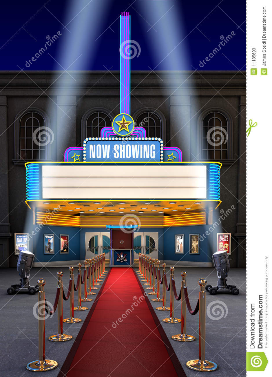 Exterior Night Shot Of A Retro Illuminated Neon Movie Theatre