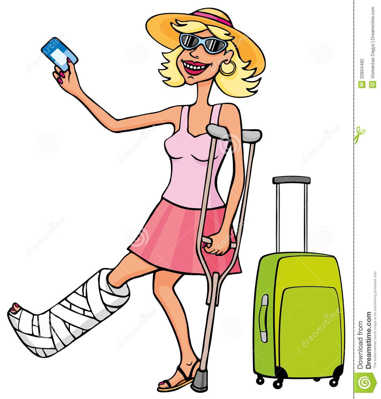 Happy Tourist Woman With A Broken Leg And Card Stock Photography    