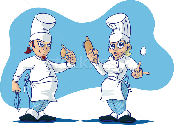 Illustration   Male And Female Chef Cooking Up An Omelet With Two Eggs