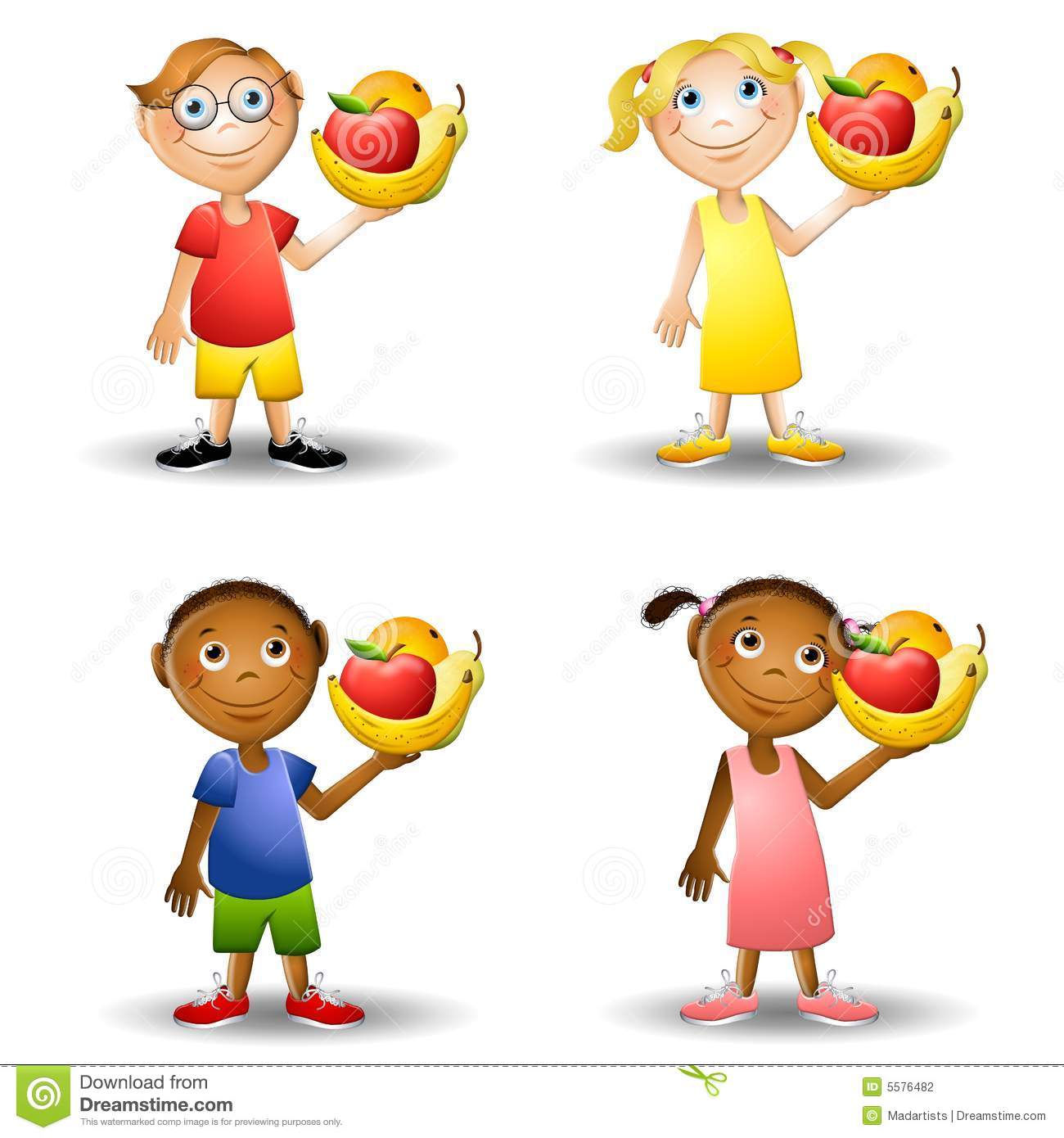 Kids Holding Healthy Fresh Foods Apple Bananas Pear And Orange Clipart