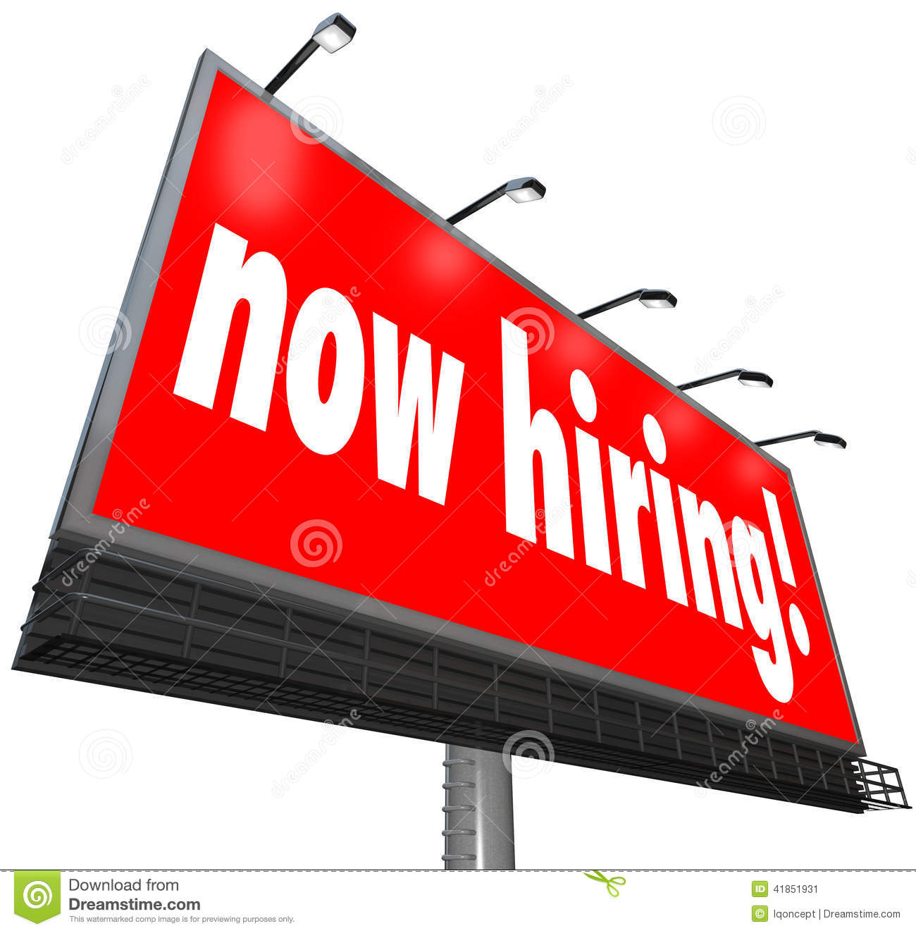 Now Hiring Words On A Big Red Outdoor Billboard Sign Or Banner To