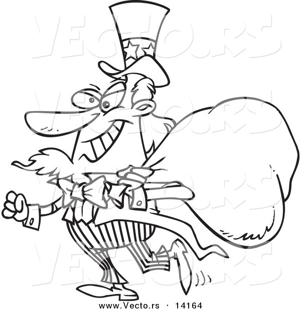 Vector Of A Cartoon Uncle Sam Grinning And Carrying A Money Bag Over    