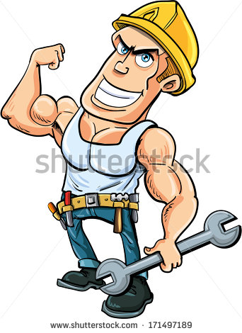 Cartoon Handyman Flexing His Muscles He Holds A Wrench Isolated