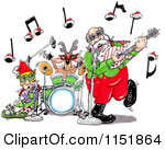 Cartoon Of Santa An Elf And Reindeer In A Rock And Roll Christmas Band