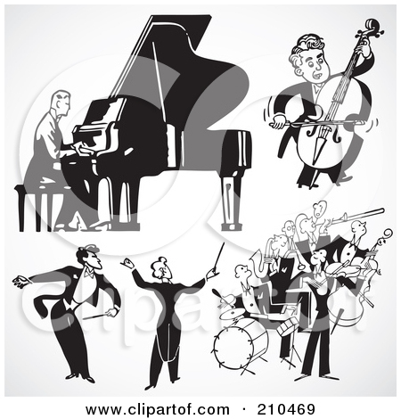 Clipart Illustration Of A Retro Black And White Band Of Men Playing
