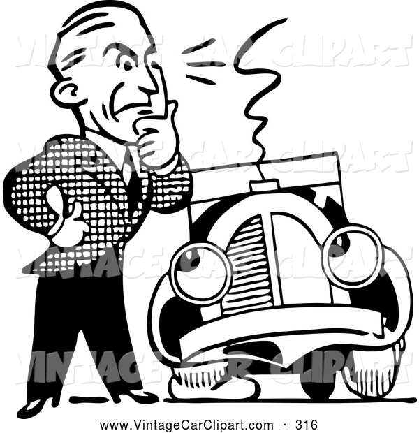 Clipart Of A Thinking Black And White Retro Man And Car With A Flat